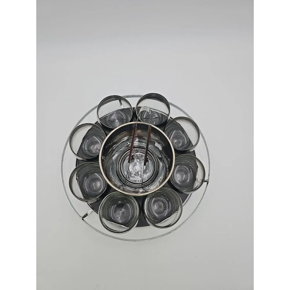 Queen's Luster Silver Fade Bar Set with Roly Poly Glasses Ice Bucket Tray Tongs